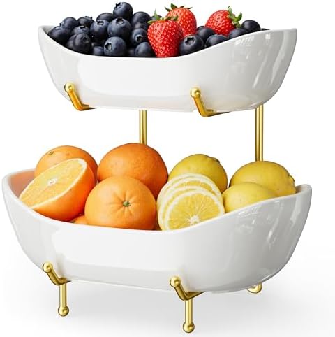 Ceramic 2 Tier Fruit Bowl, Fruit Basket for Kitchen Counter, Gold