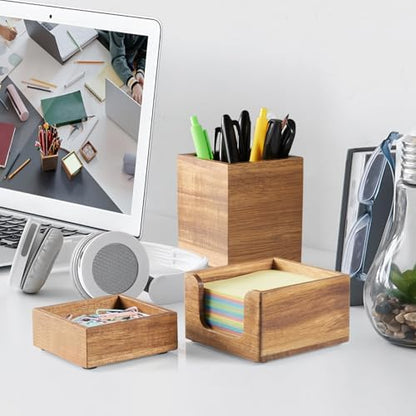 Desk Organizer Set of 3 - Acacia Wood Office Desk Accessories - Desk