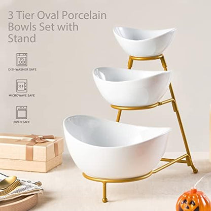 LYEOBOH 3 Tier Serving Bowls Set, Porcelain Oval Bowls with Stand for