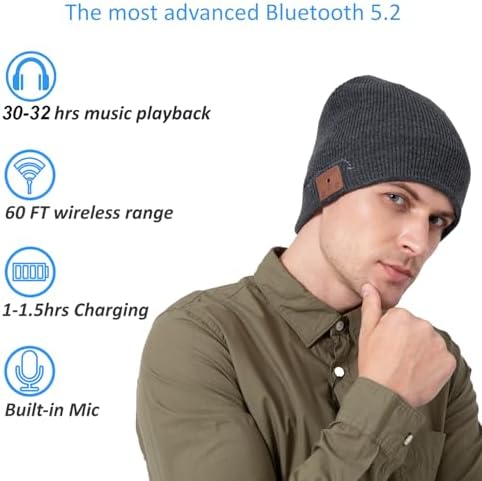 beanie Bluetooth, MUSICBEE Bluetooth V5.2 Wireless Knit Winter Cap, 30