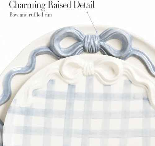 Mud Pie Bow Nested Platter Set of 2, Blue Gingham Round Serving