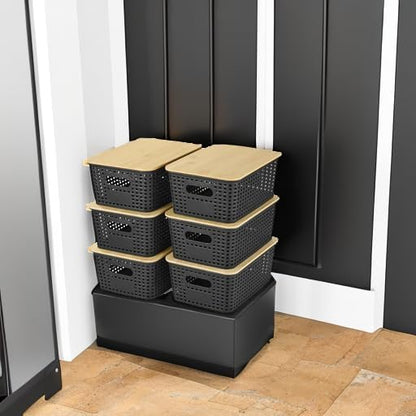 Ohmlove 6 Pack Plastic Storage Baskets with Bamboo Lids for