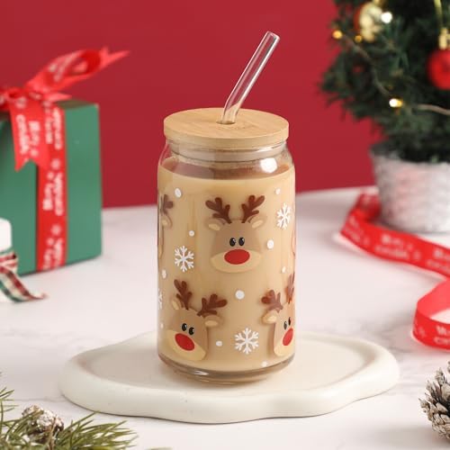 Christmas Reindeer Cup, 16oz Clear Glass Cups with Lids and Straws