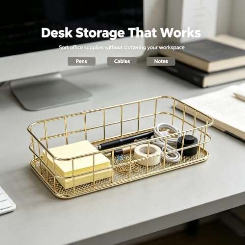2-Size Gold Metal Wire Basket Tray, Countertop & Desk Organizer for