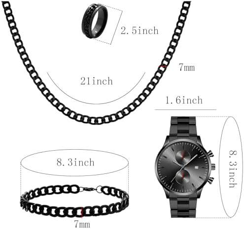 NEWITIN 4 Pieces Black Jewelry Set for Men Stainless Steel Watch
