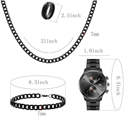 NEWITIN 4 Pieces Black Jewelry Set for Men Stainless Steel Watch