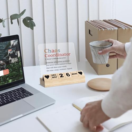 Chaos Coordinator Desk Decor Gifts, Wooden Block Perpetual Calendar