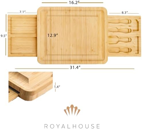 Bamboo Cheese Board and Knife Set with 2 Slide-Out Cutlery Drawers
