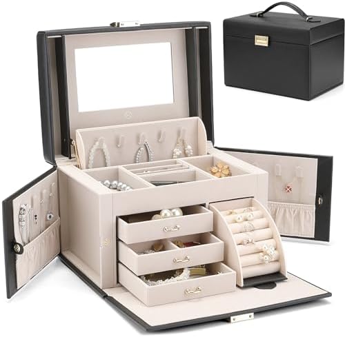 VLANDO Jewelry Boxes for Women with Mirror and 3 Drawers,Black