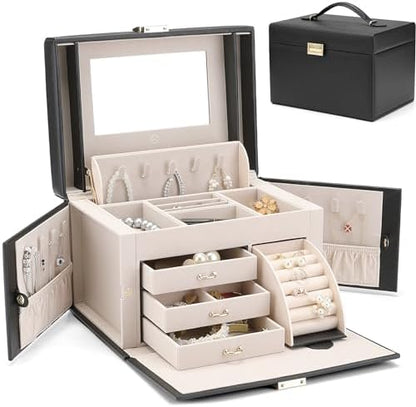 VLANDO Jewelry Boxes for Women with Mirror and 3 Drawers,Black