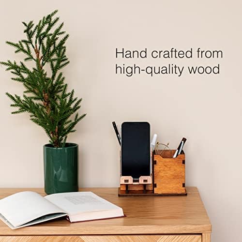 Personalized Wooden Pen Holder for Desk with Cell Phone Holder Wood