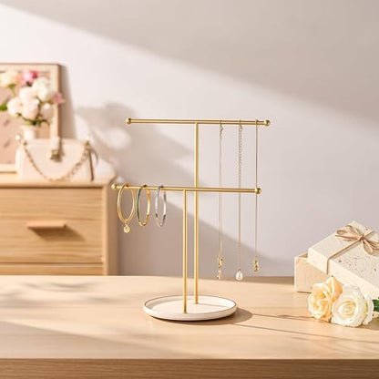 Jewelry Stand with Ceramic Tray, Necklace Holder, Gold Bar White Base
