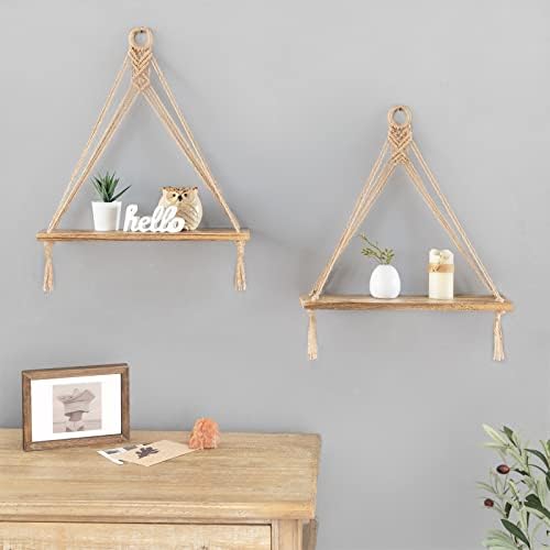Mkono Macrame Hanging Shelves Boho Wall Decor Set of 2 Floating Wood