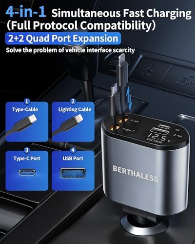 Retractable Car Charger,4 in 1 Fast Charging Car Charger with USB-C &