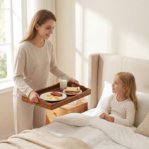 Acacia Wood Serving Tray Set of 2 with Handles for Ottoman Coffee