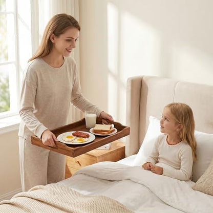 Acacia Wood Serving Tray Set of 2 with Handles for Ottoman Coffee