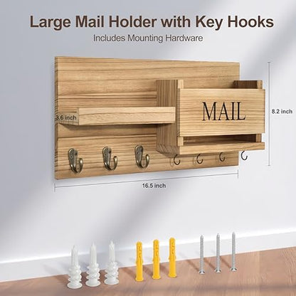 Wall Mount Mail Organizer – Key Holder with Shelf, Letter Holder &