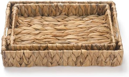 2 Pack Water Hyacinth Tray with Handles, Rectangular Wicker Serving