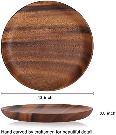12 Inch Acacia Wood Food Dinner Plates Set of 2 Round Wooden Serving
