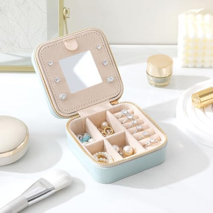 Genuine Leather Travel Jewelry Organizer Case with Mirror for Women