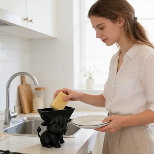 Sponge Holder for Sink Funny Cow Decor with Drainage