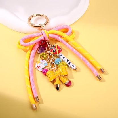 Teacher Keychain Bag Charms for Women Nylon Rope Bow Pencil Purse