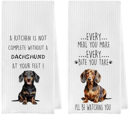 Funny Dachshund Dish Towels Set - Dachshund Gifts Waffle Weave Kitchen