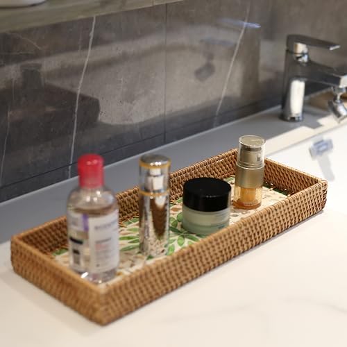 2 Pack Rattan Bathroom Vanity Tray with Mother of Pearl Inlay, Toilet