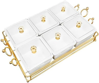 YA JU Ceramic Bowls and with Lid Gold Basket Trays, 6 Removable Small