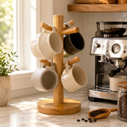 Wooden Mug Tree Stand for Countertop, Coffee Mug Holder Rack with 6