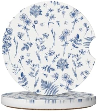 Vintage Blue Flower Car Coasters for Cup Holder Absorbent Ceramic Cup