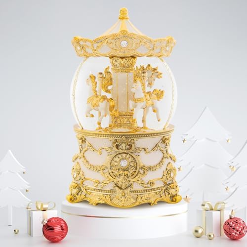 Carousel Music Box Gold & Ivory Christmas Snow Globes, 8.3" Rotate