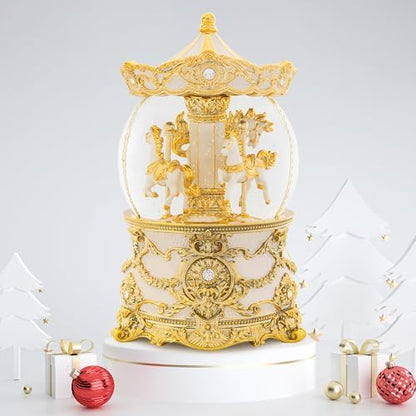 Carousel Music Box Gold & Ivory Christmas Snow Globes, 8.3" Rotate