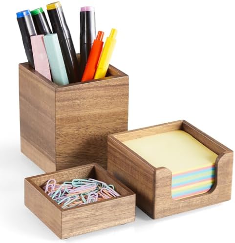 Desk Organizer Set of 3 - Acacia Wood Office Desk Accessories - Desk