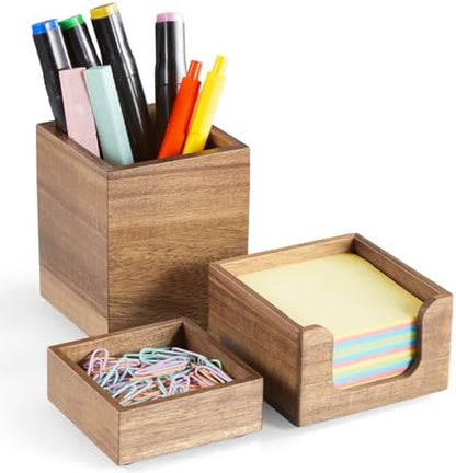 Desk Organizer Set of 3 - Acacia Wood Office Desk Accessories - Desk