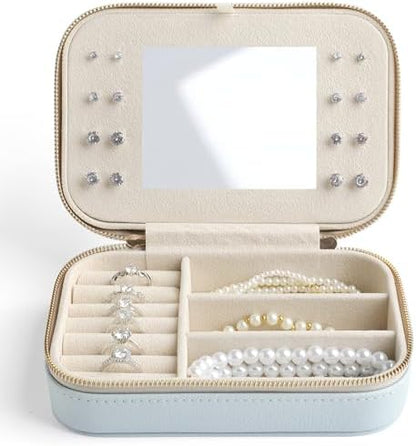 Genuine Leather Travel Jewelry Organizer Case with Mirror for Women