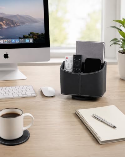 LAMOTI Remote Control Holder, 360° Rotating PU Leather Desk Organizer