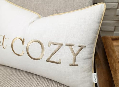 Get Cozy Embroidered 12x20 Lumbar Pillow Cover, Ivory