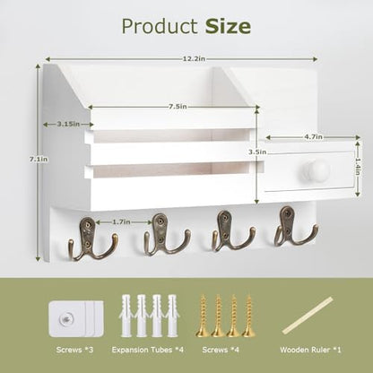 Key Holder Wall Mount, Wooden Key and Mail Organizer, White