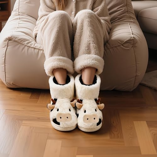 Jerzmy Fuzzy House Cow Slippers for Women Men, Cozy Warm