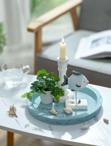 Hanobe Round Wood Candle Holder Tray, Ocean Blue Coastal Coffee Table