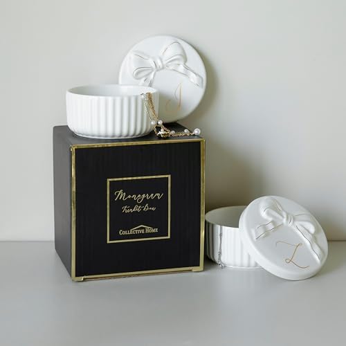 COLLECTIVE HOME Ceramic Jewelry Box with Bow, Nightstand Vanity
