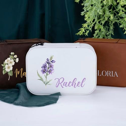 Custom Leather Jewelry Box with Name & Birth Flower Month, Birthday