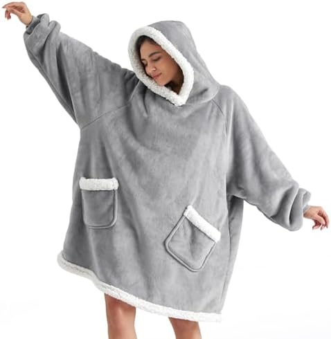 Bedsure Wearable Blanket Sherpa Hoodie Halloween Gifts, Grey, Standard