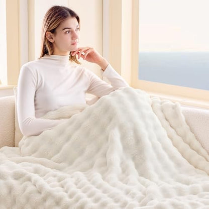 NEWCOSPLAY 3D Bubble Flannel Throw Blanket for Couch Ivory, 50"×60"