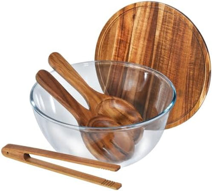 Anyvape 4.8QT Glass Salad Bowl with Lid, Charcuterie Board & Utensils