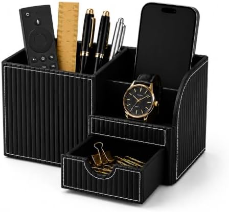 KINGFOM Executive Leather Desk Organizer with Drawer, Modern Black