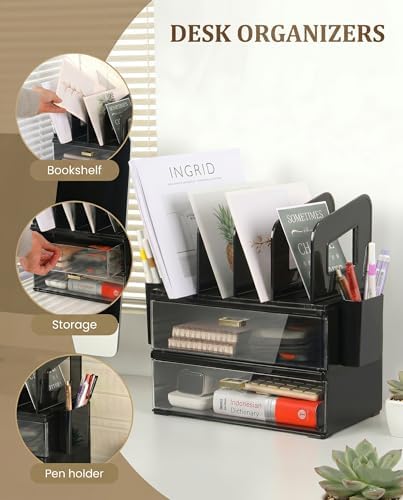 LALOBLUE Acrylic Desk Organizer with Drawer and Vertical File Holder