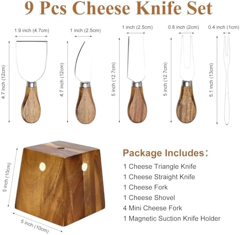 9 Pack Cheese Knives with Holder Acacia Wood Charcuterie Board
