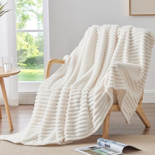 BEDELITE Ribbed Fleece Throw Blanket for Couch, Cream, 50"x60"